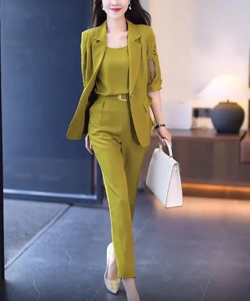 2026 Women's Three-piece Suit Sets Slim Fit Elegant Jacket+Vest+Pants Sets Solid OL Style Business Office Matching Sets Outfits