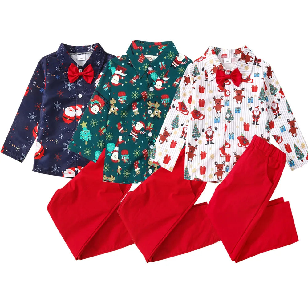 Boys Christmas Outfits For Kids Baby Festival Clothing Short/Long Sleeve Gentleman Shirts+Red Pants New Year Children's Costume