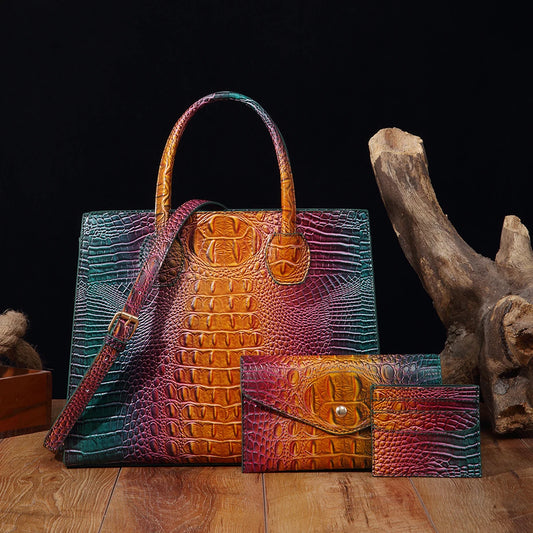 3 Pcs Crocodile Pattern Handbag & Purses Set, Multi-functional Vintage Top Handle Crossbody Bag & Business Clutch Bag & Card Coi