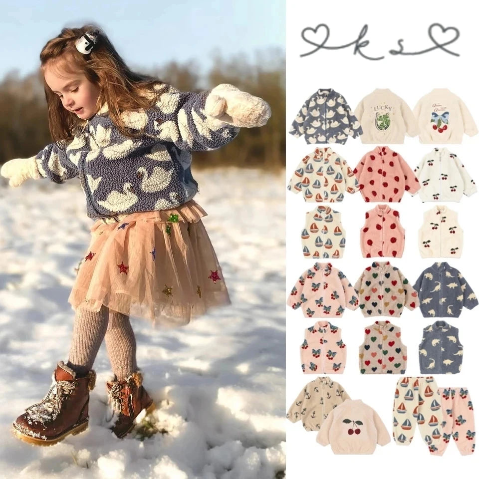 2025 KS Brand Winter Baby Girls Boys Lambswool Cherry Jackets Kids Clothes Boys Sequin Cartoon Outerwear Children's Coats 1-9Yrs