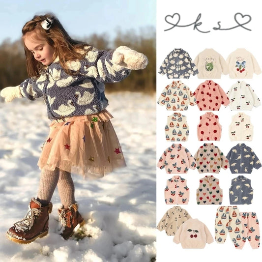 2025 KS Brand Winter Baby Girls Boys Lambswool Cherry Jackets Kids Clothes Boys Sequin Cartoon Outerwear Children's Coats 1-9Yrs