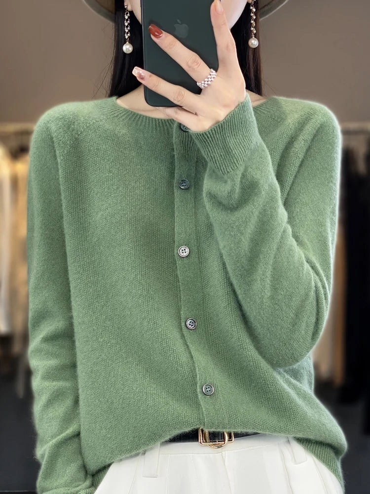 Long Sleeve 100% Merino Wool Sweaters Cashmere Cardigan Spring Autumn Women O-Neck Knitwear Tops Clothing Fashion Basic Tops