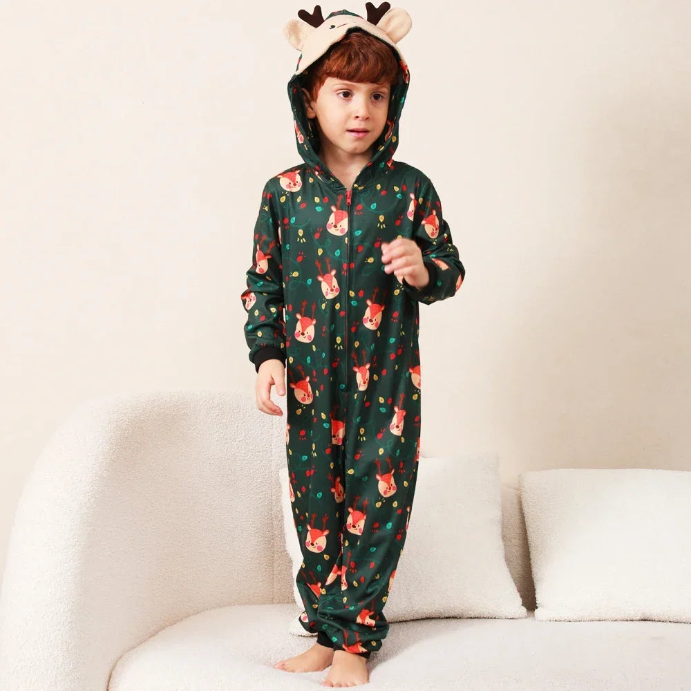 Christmas Gift Mother Father Kids Matching Outfits Cute Deer Ear Hooded Romper Overall Soft Loose One-Piece Pajamas Family Look