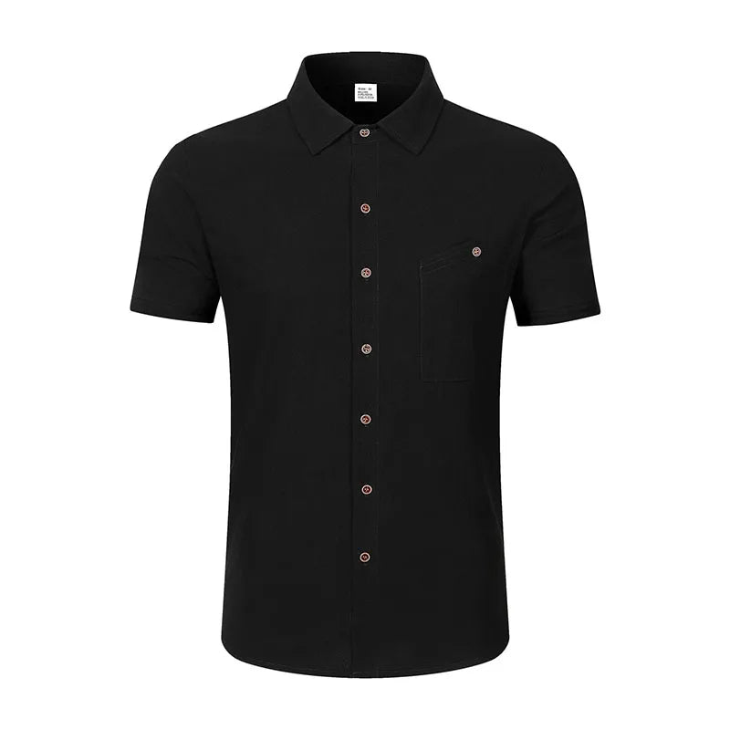 Men's Casual Linen Blend Shirt Short Sleeve Turn Down Collar Button Up Lightweight Breathable Beach Tunic Tops