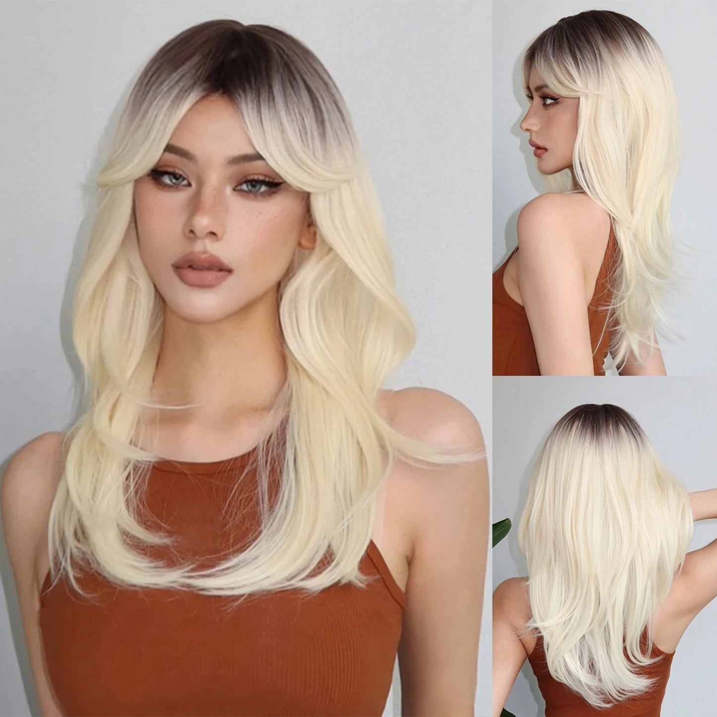 LOUIS FERRE Black Pink Ombre Synthetic Wigs for Cosplay Long Straight Layered Wigs with Bangs for Women Heat Resistant Fake Hair