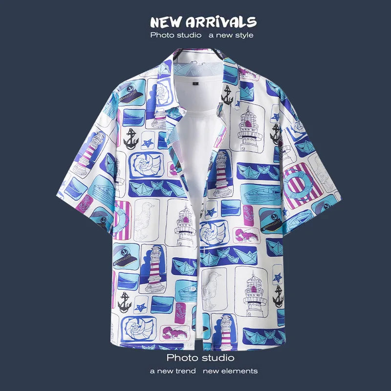 Hawaiian Print Loose Fit Short Sleeve Men's Shirt Thai Style Restaurant Casual Fashion Beach Vacation Shirt Polyester Quick Dry