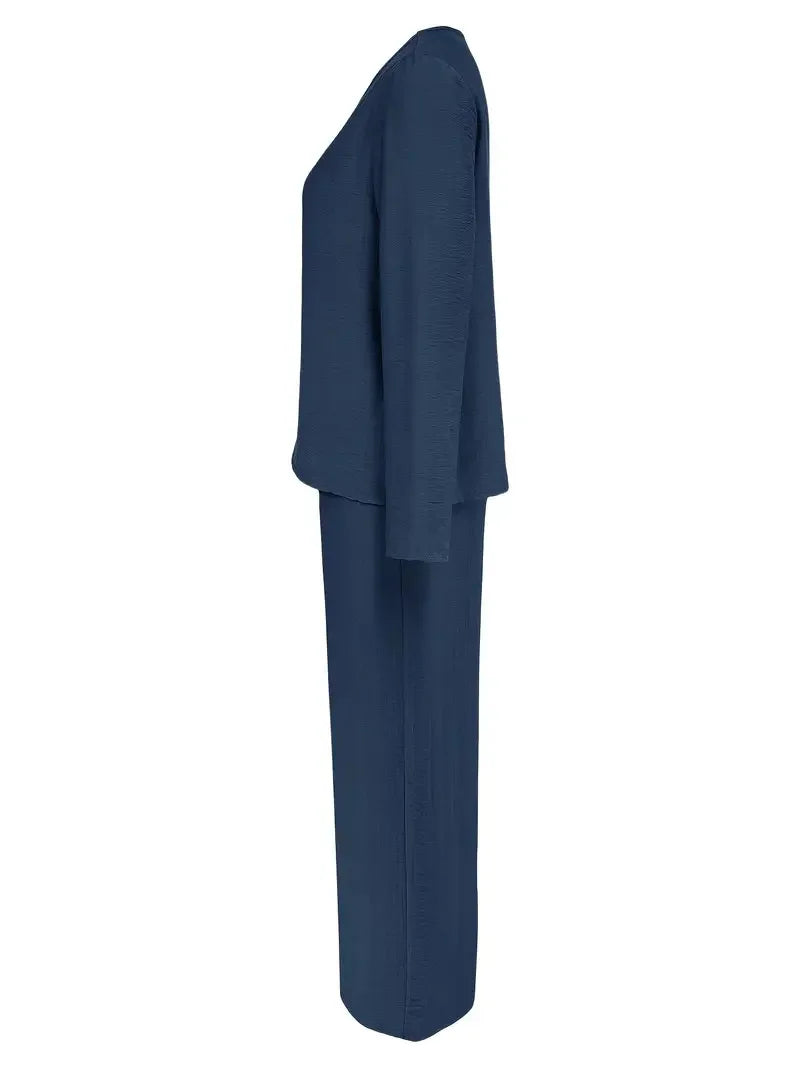 Solid Color Casual V-neck Trousers Women's 2piece Set Spring Autumn New Fashion Pocket Straight Trousers Female Office Suit 2025