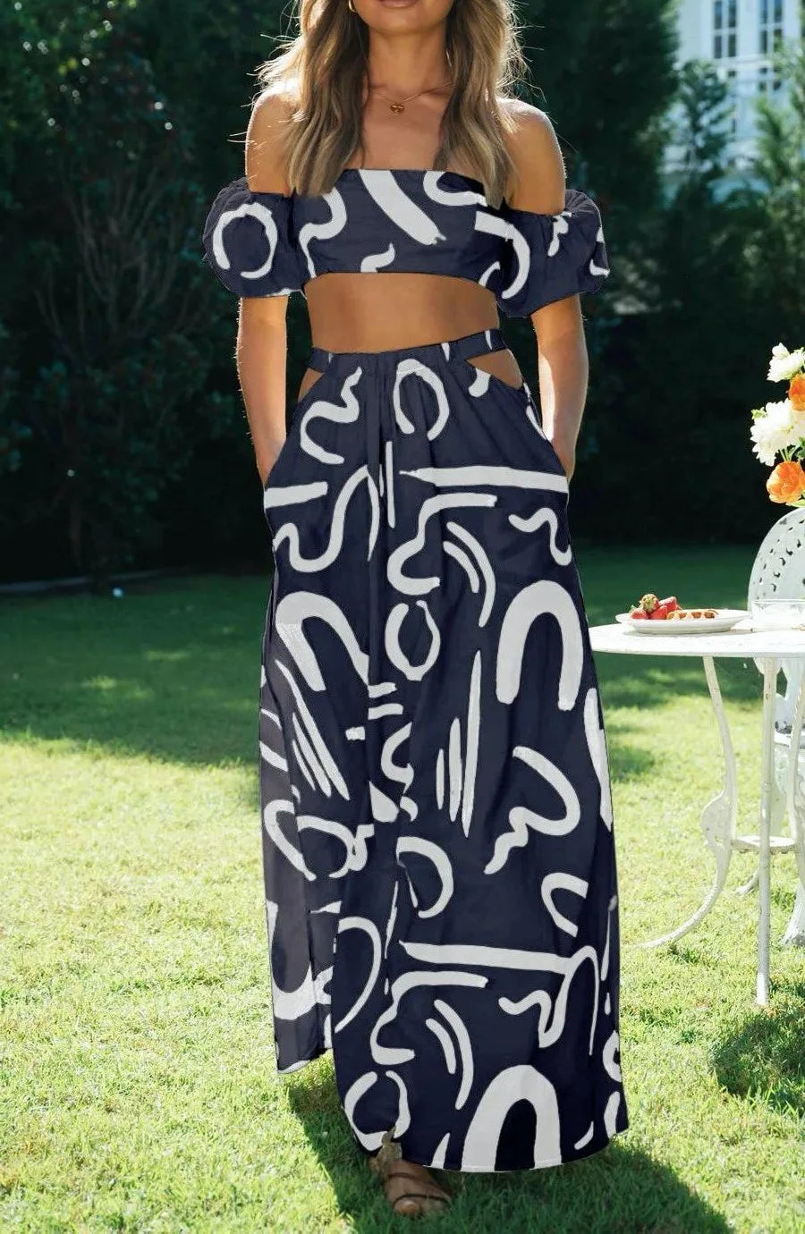 Two Piece Sets Fashion New Print Solid Color Puff Sleeve Zipper Breast Wrap Crop Top & Hollow Out Waist Big Hem Dress Suits Lady