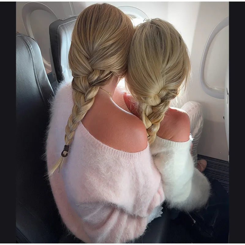 Women Solid Off Shoulder Pullover Fashion Classic Full Sleeve Loose Knitted Mohair Knitwear Lady High Street Autumn Sweaters