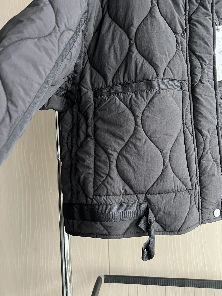 Quilted coat for women ETJ 2025 QUILTED JACKET WITH TIES new beige drawstring high neck pocket clip cotton jacket for women