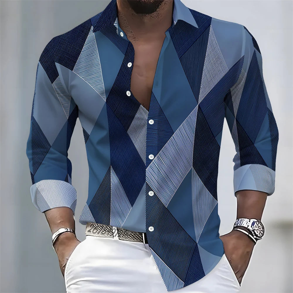 New men's artistic printed long-sleeved shirt, retro color-blocked design, casual shirt, versatile and stylish top for commuting