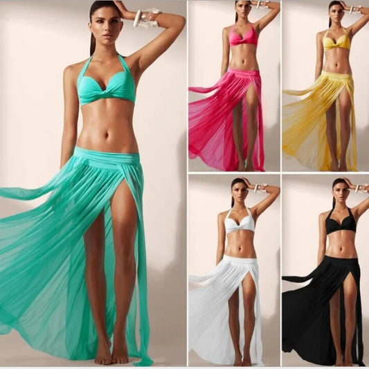 2024 New 5 colors  Solid Beach Dress for Women Mesh Bikini Cover Ups Open Side Sarong Swim Dresses Free Size Playa Skirt Sarong