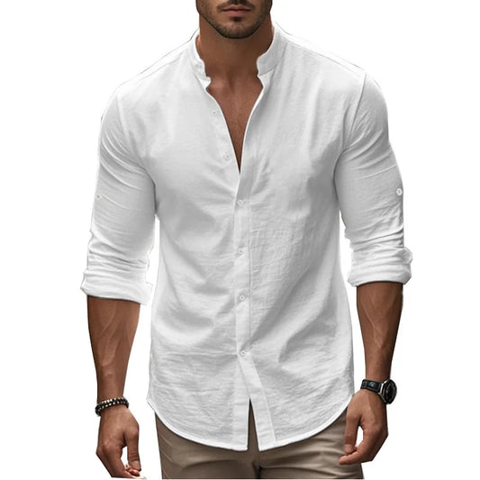 Men's Casual Cotton Linen Shirt Long Sleeve Button Down Slim Fit European Fashion Breathable Daily Wear Tops white shirt
