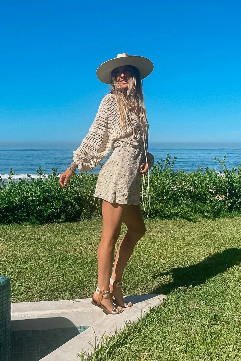Sexy Deep V-neck Lace-up Bell Sleeve Knit Mesh Hollow Out Beach Mini Dress 2025 Summer Swimsuit Cover Up Women Casual Tunic K14