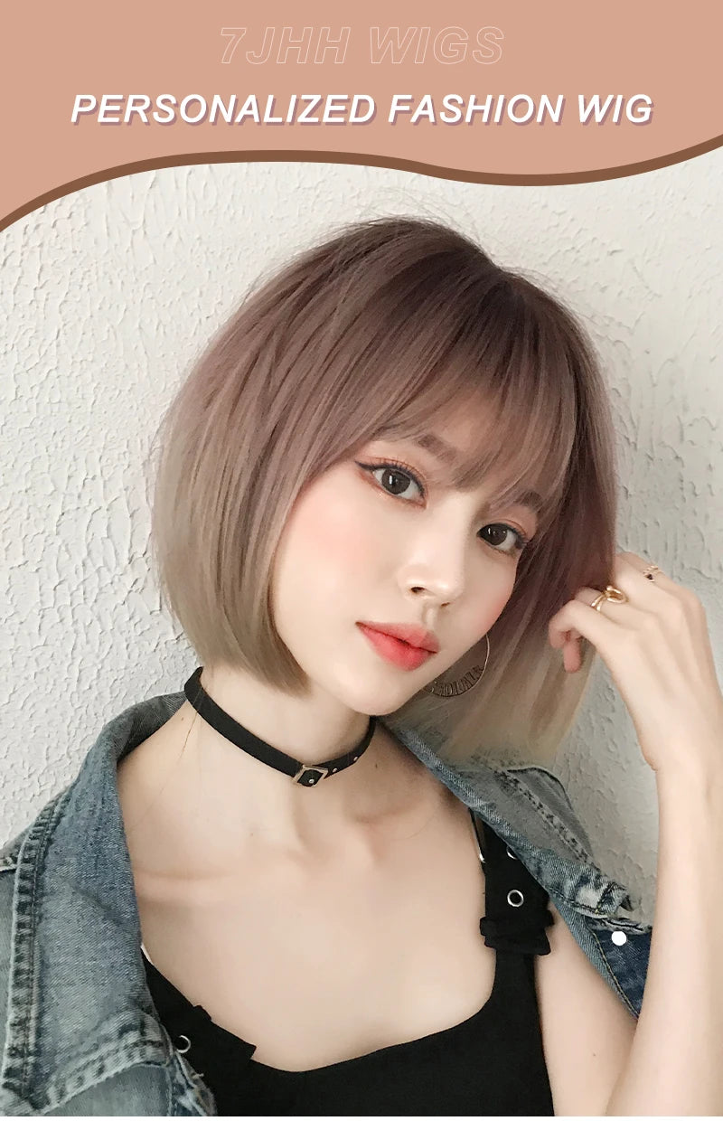Pixie Cut Wigs Synthetic Short Straight Pink Brown Bob Wigs with Dark Roots High Density Layered Hair Wigs with Curtain Bangs