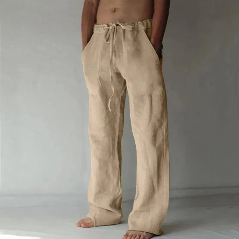 Men's Cotton Linen Long Pants Summer Solid Color Breathable Linen Trousers Male Casual Elastic Waist Casual Pants Harajuku Trous