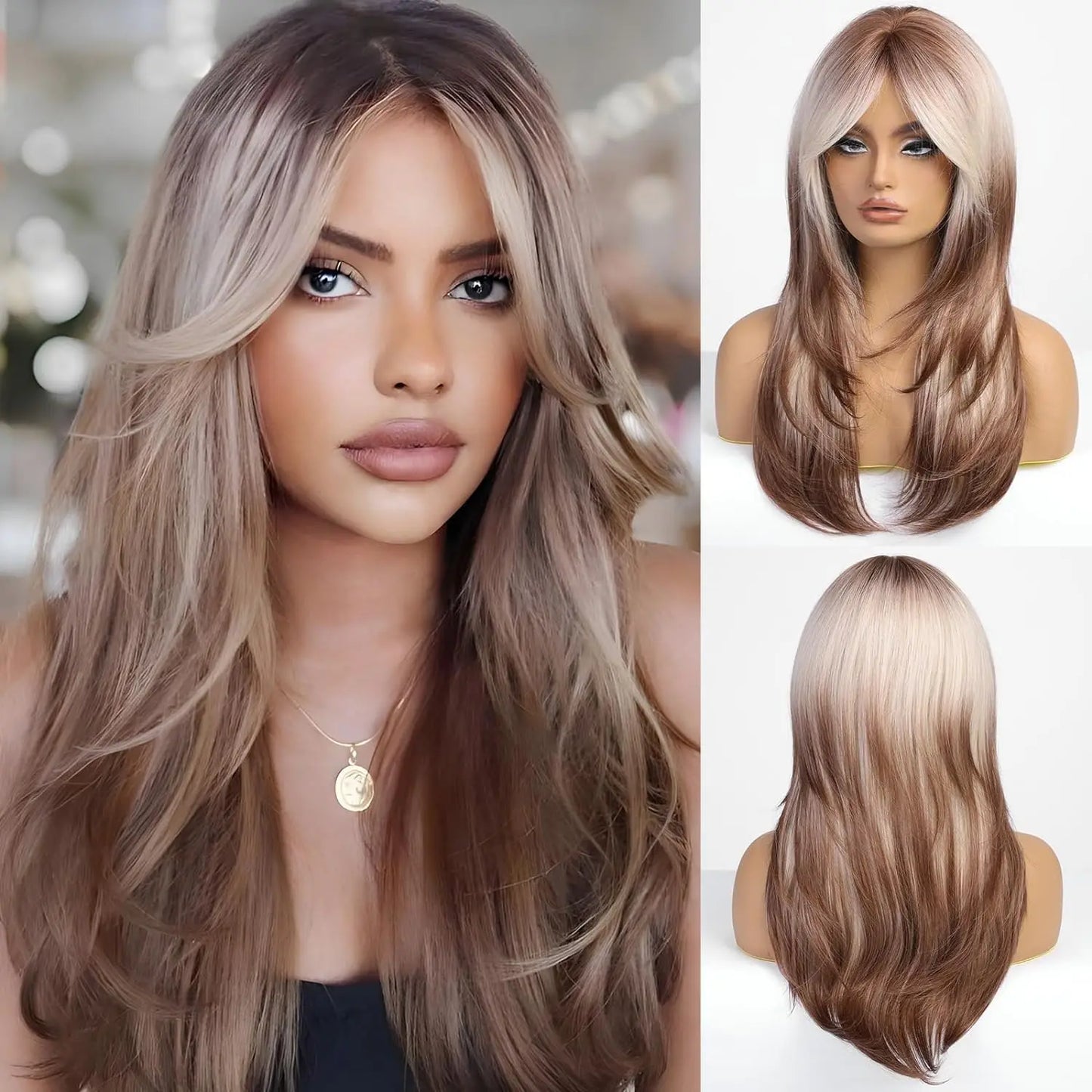 LOUIS FERRE Black Pink Ombre Synthetic Wigs for Cosplay Long Straight Layered Wigs with Bangs for Women Heat Resistant Fake Hair