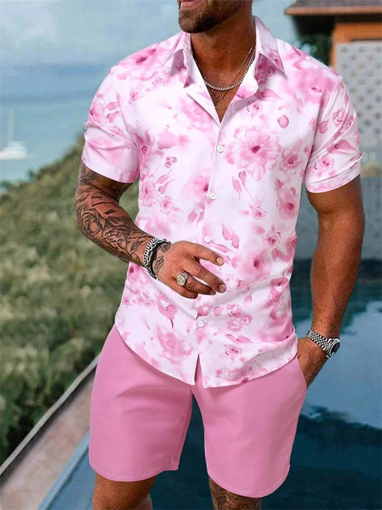 Hawaii Shirt Set Mens Yellow Duck Print Fashion Pattern Summer Fashion Casual Daily Large Button Down Shirt Shorts Two Piece Set
