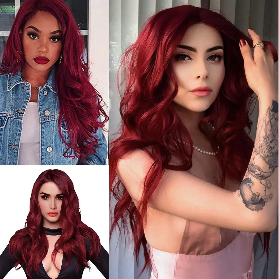 Burgundy Synthetic Wig Ladies Middle Part Natural Large Waves Long Curly Hair Daily Cosplay High Temperature Silk Headgear