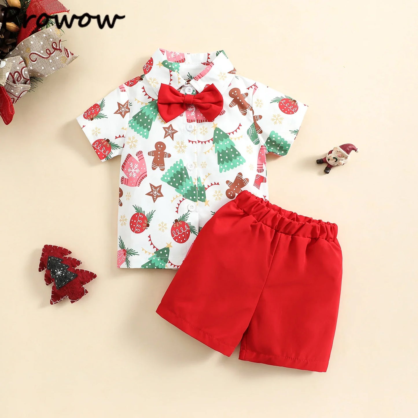 Boys Christmas Outfits For Kids Baby Festival Clothing Short/Long Sleeve Gentleman Shirts+Red Pants New Year Children's Costume