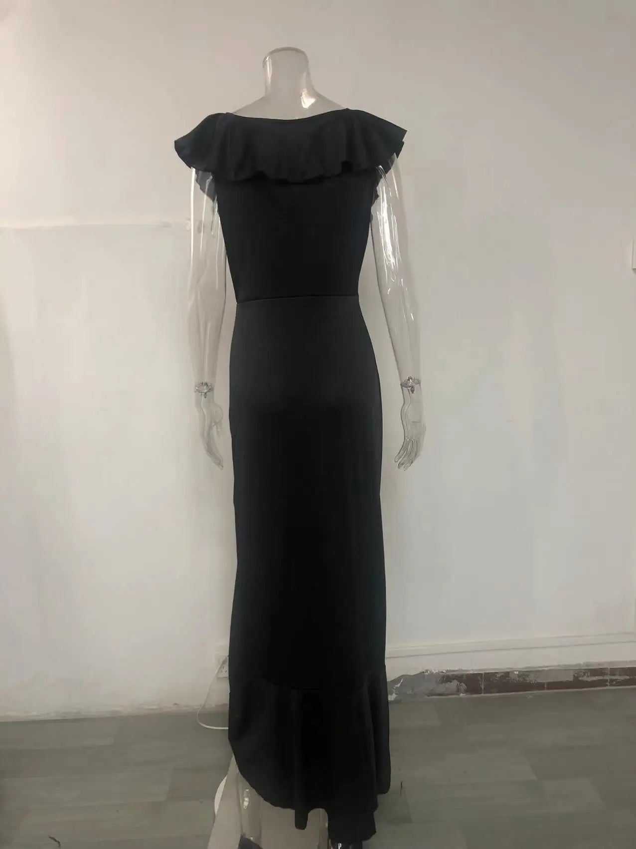 Fashion Evening Dresses Sexy V-Neck Elegant Party Irregular Solid Color Hem Ruffle Women Maxi Dress Short Sleeve Floor Length