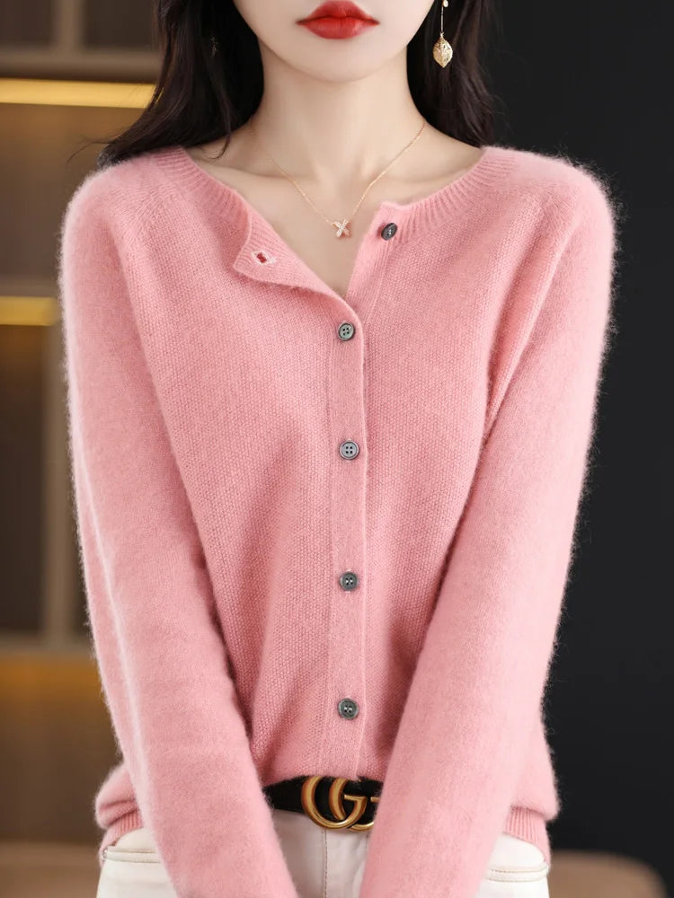 Long Sleeve 100% Merino Wool Sweaters Cashmere Cardigan Spring Autumn Women O-Neck Knitwear Tops Clothing Fashion Basic Tops
