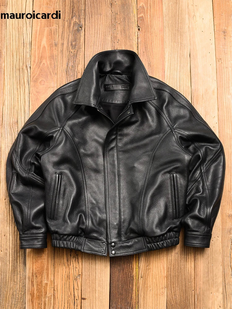 Mauroicardi Spring Autumn Cool Handsome Black Hard Pu Leather Jacket Men Zipper Luxury Designer American Vintage Clothes 2024