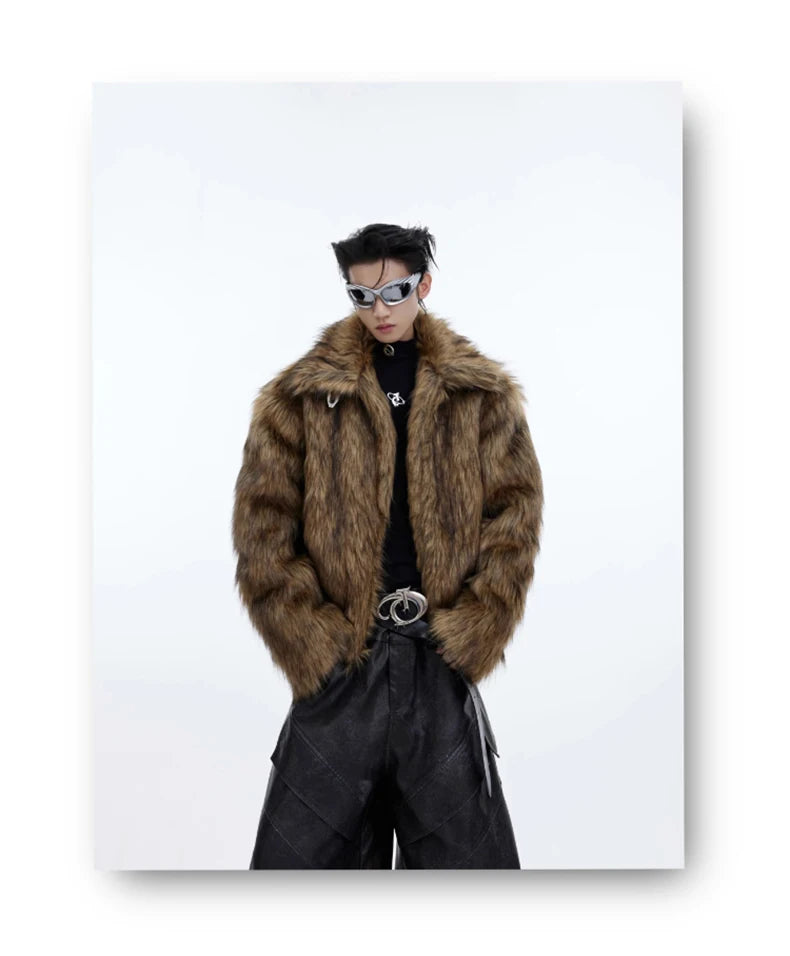 Mauroicardi Winter Short Thick Warm Brown Hairy Soft Faux Fur Coat Men with Turn-down Collar Long Sleeve Fluffy Jackets 2024