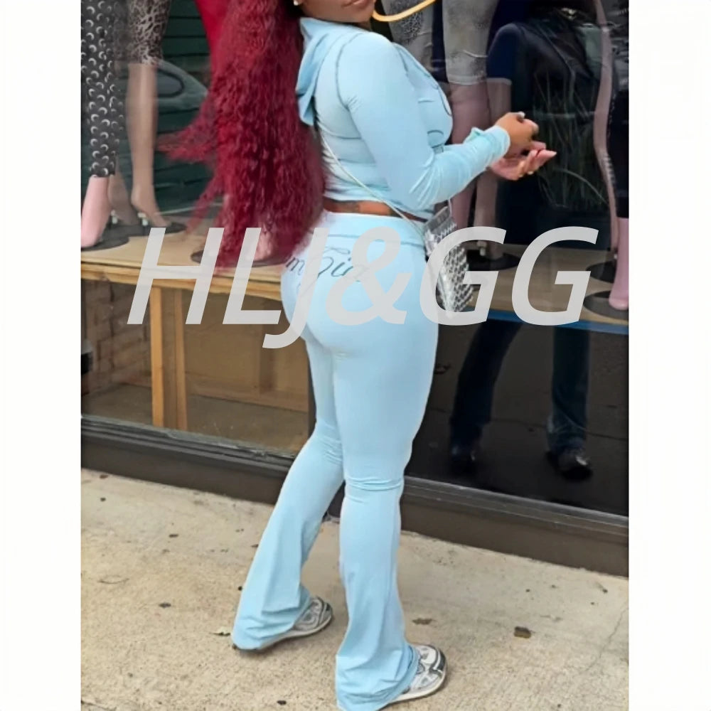 HLJ Fashion Ins Letter Print Hooded Two Piece Sets Women Zipper Long Sleeve Crop Top And Skinny Pants Outfit Y2K 2pcs Streetwear
