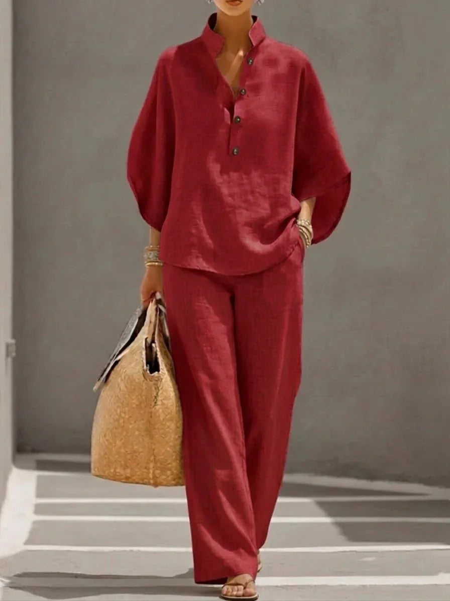 Fashion Cotton Linen Button Stand Collar 9 Quarter Sleeves Loose Women's 2-piece Suit Spring Casual Wide Leg Pants Suit Female