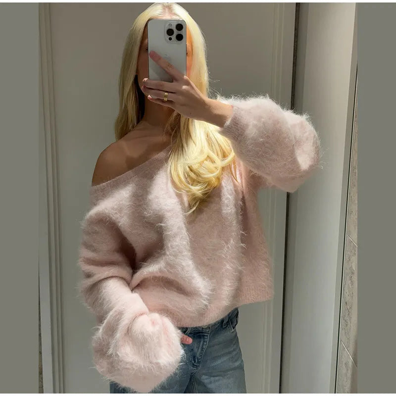 Women Solid Off Shoulder Pullover Fashion Classic Full Sleeve Loose Knitted Mohair Knitwear Lady High Street Autumn Sweaters
