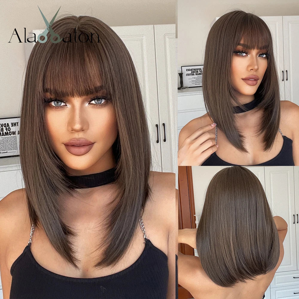 ALAN EATON Layered Synthetic Wigs with Bangs Straight Short Highlights Blonde Hair Wig with for Women Natural Daily Cosplay Wigs