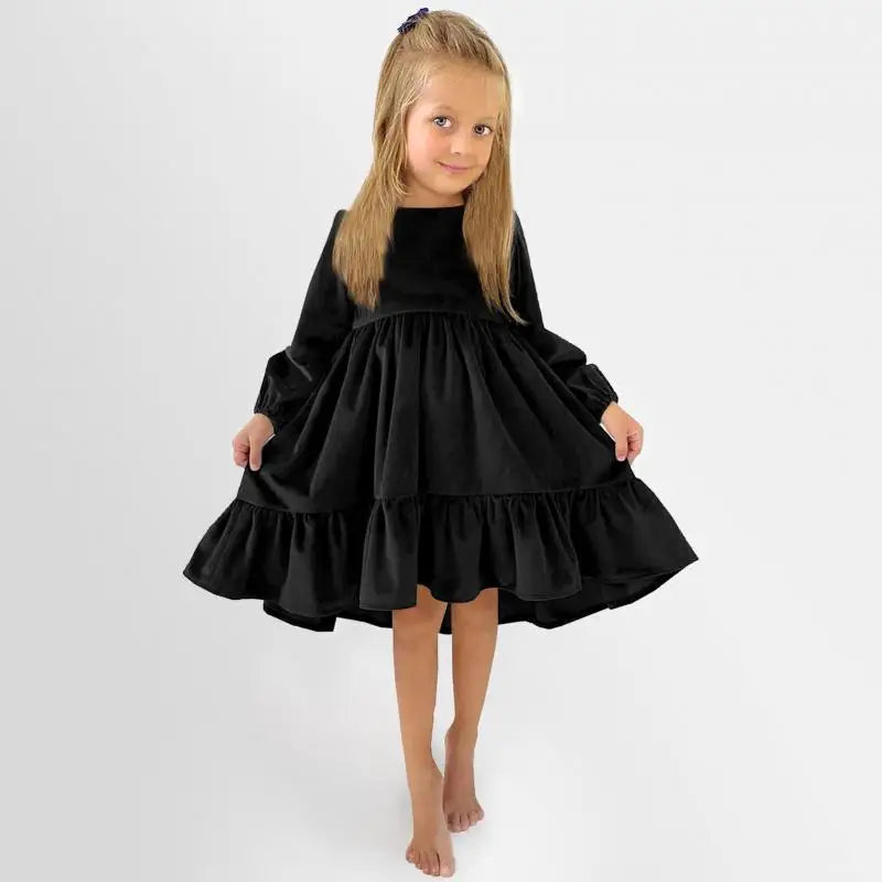 New 7-12 years Girls Spring Autumn Winter Velvet Long Sleeve Ruffle Hem Dress Princess Kids Party Dressess Children Clothing
