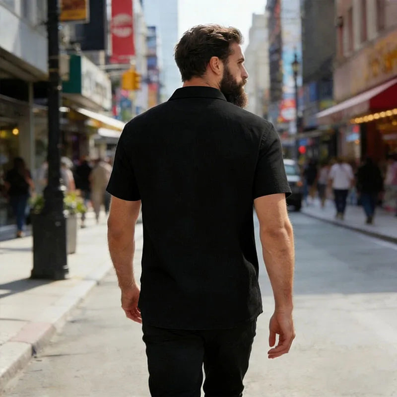 Men's Casual Linen Blend Shirt Short Sleeve Turn Down Collar Button Up Lightweight Breathable Beach Tunic Tops