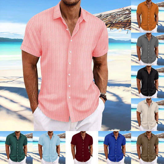 Simple And Versatile Summer New Men's Cotton And Linen Striped Jacquard Shirt Casual Comfortable Loose Short-Sleeved Shirt