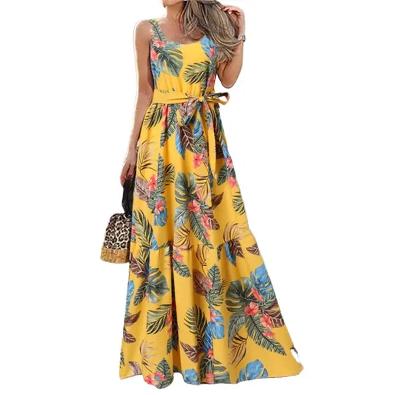 Summer Flower Print Sleeveless Long Dresses Women Elegant Casual Vacation Style Dress O Neck High Waist Leace-up Maxi Vestidos