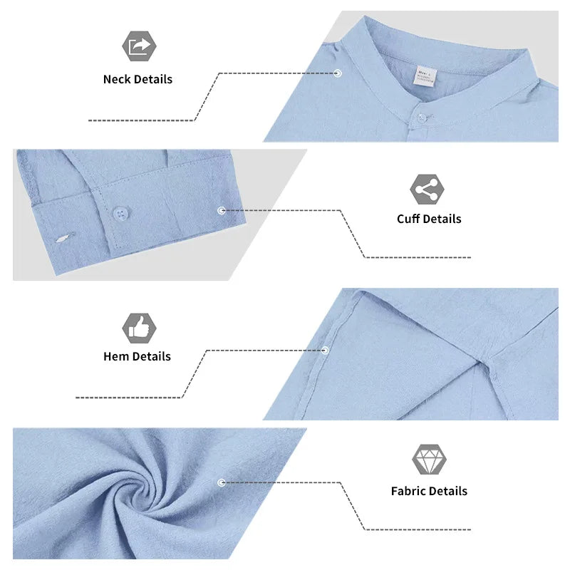 Summer Men's Linen Henry Long Sleeve T-Shirt  European and American Woven Solid Color Casual Polo Shirt
