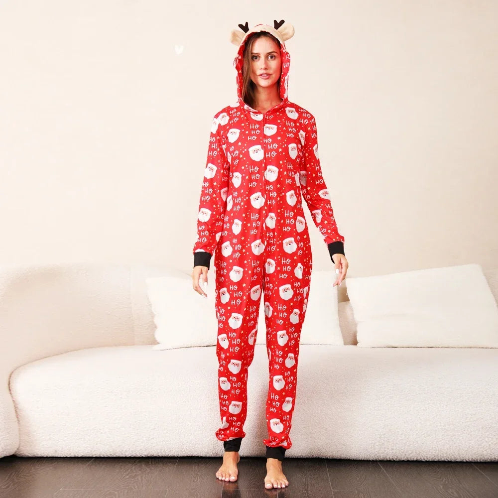 Christmas Gift Mother Father Kids Matching Outfits Cute Deer Ear Hooded Romper Overall Soft Loose One-Piece Pajamas Family Look