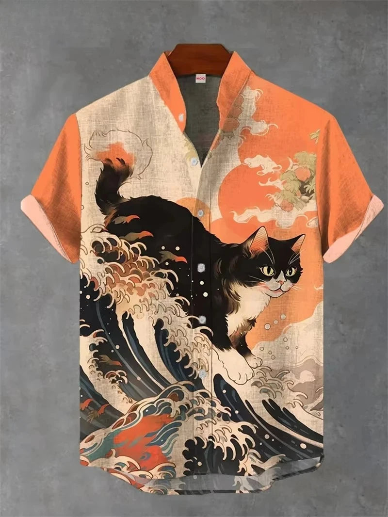 Vintage Men's Shirt 3D Printed Shirt Men's Casual Short Sleeved Top Fashionable Men's Lapel Button Shirt Men T-shirt Polyester