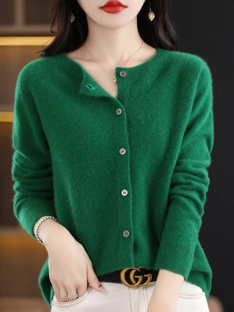 Long Sleeve 100% Merino Wool Sweaters Cashmere Cardigan Spring Autumn Women O-Neck Knitwear Tops Clothing Fashion Basic Tops