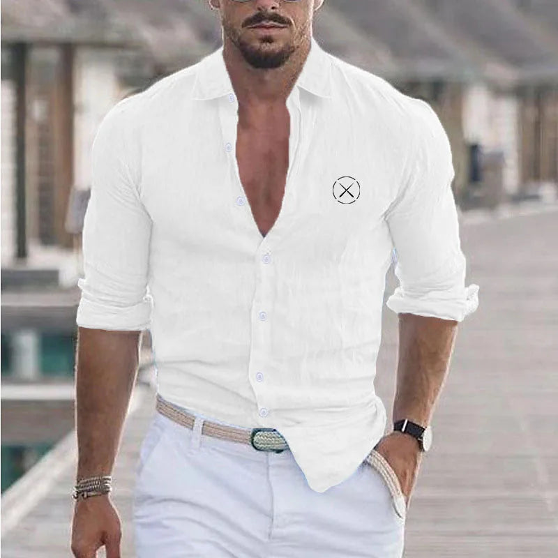 New Men's Summer Cotton And Linen Lapel Beach Shirt Long Sleeve Solid Color Hawaiian Holiday Wear X Patterned Shirt