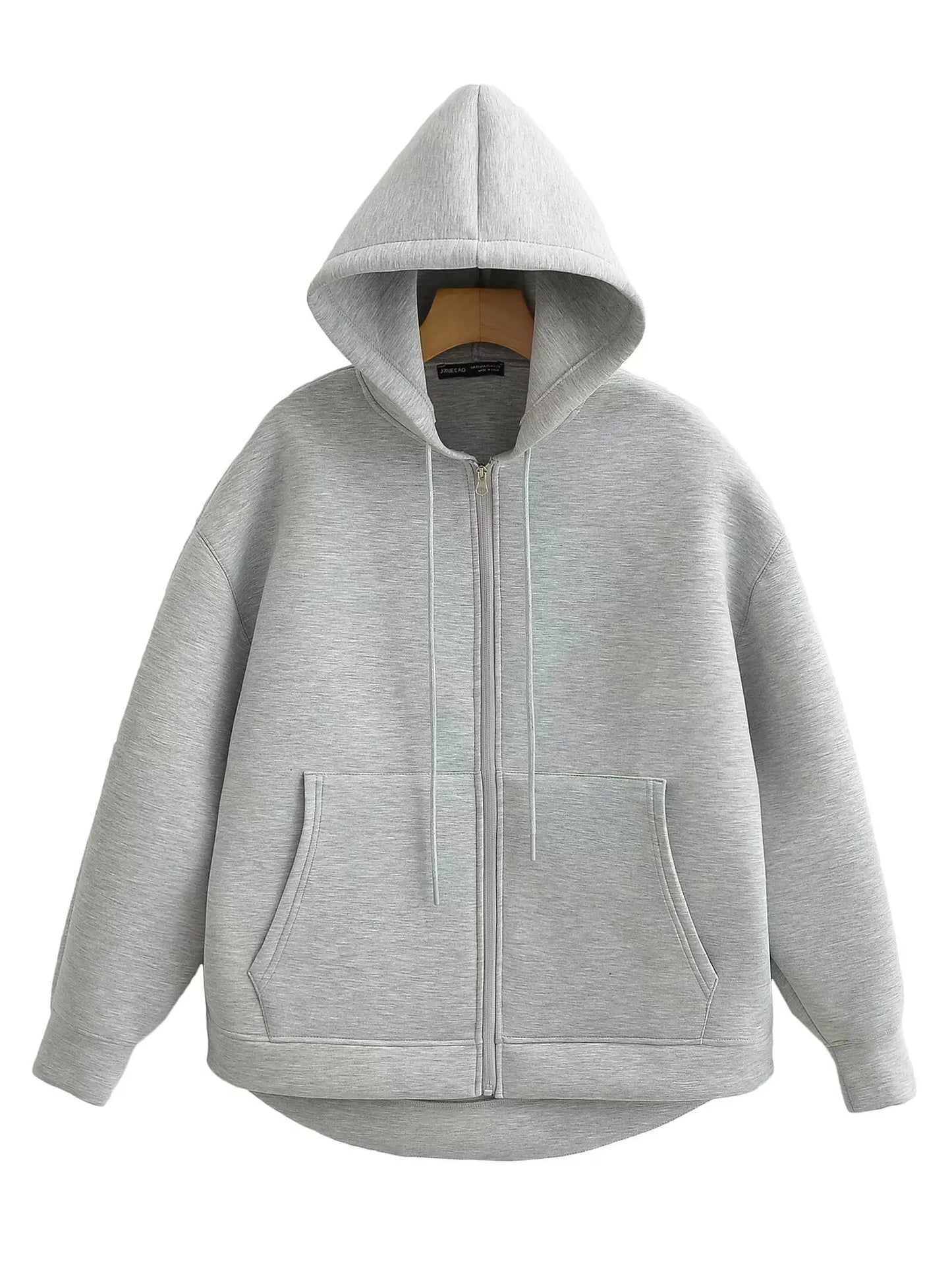 HH Autumn Women Gray Jacket With Hood Long Sleeve Big Pocket Zipper Jacket Coat Woman Loose Casual Outerwear Coat Tops