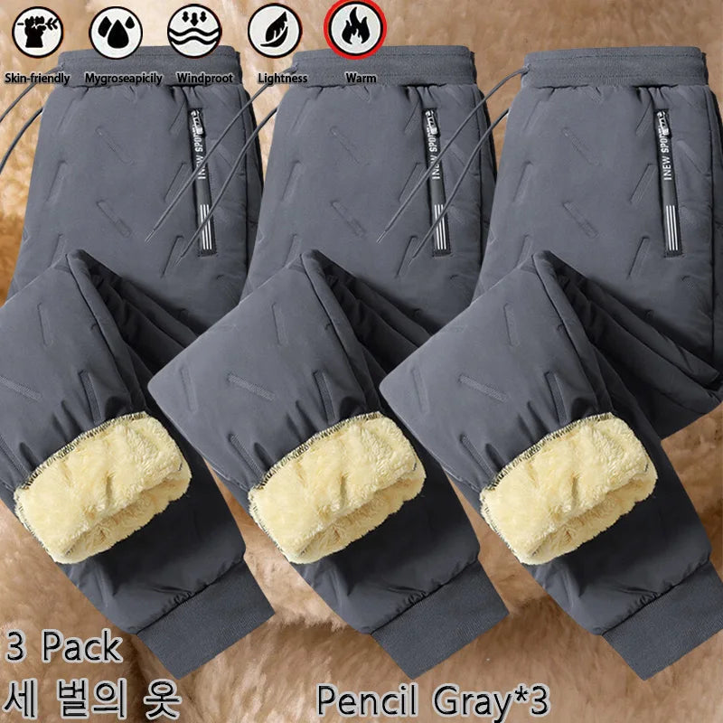 3 Pack Winter Men Plush Thick Fleece Waterproof Pants Windproof Casual Pants Warm Pants Lambswool Thermal Trousers Outerwear