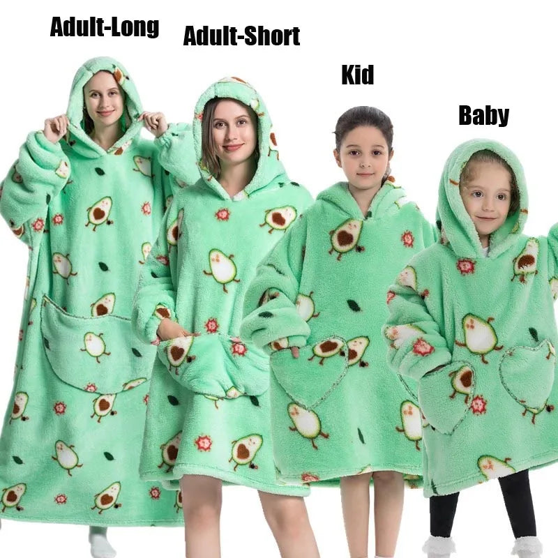 Extra Long Winter Hoodies Sherpa TV Blanket Plush Fleece Family Matching Outfits Sweatshirts Avocado Dinosaur Homewear Oversized