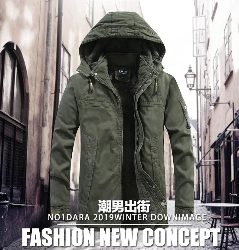 Parkas Coat Military Windproof Hooded Jackets Man Washed Cotton Thick Fleece Casual New  Winter Warm Varsity Jacket Men