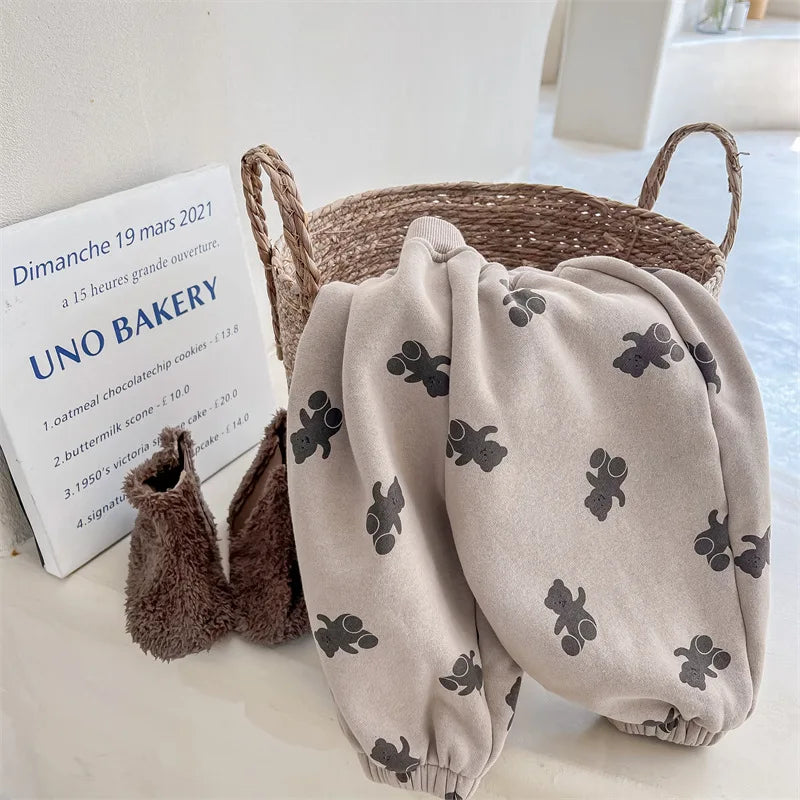 Winter Boys and girls cartoon bears inner fleece sweatpants Children thicken warm loose Trousers