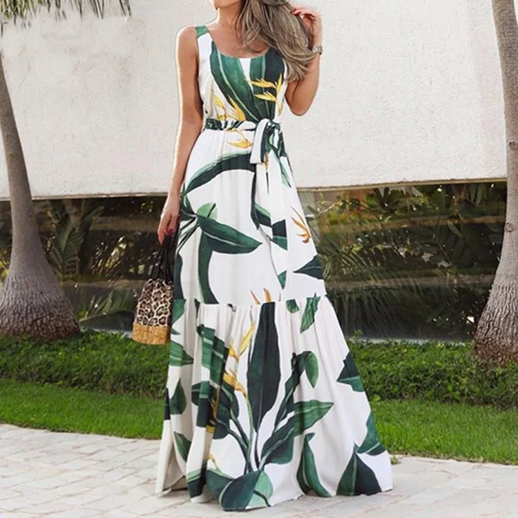 Summer Flower Print Sleeveless Long Dresses Women Elegant Casual Vacation Style Dress O Neck High Waist Leace-up Maxi Vestidos