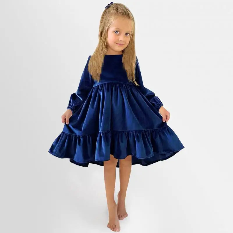 New 7-12 years Girls Spring Autumn Winter Velvet Long Sleeve Ruffle Hem Dress Princess Kids Party Dressess Children Clothing