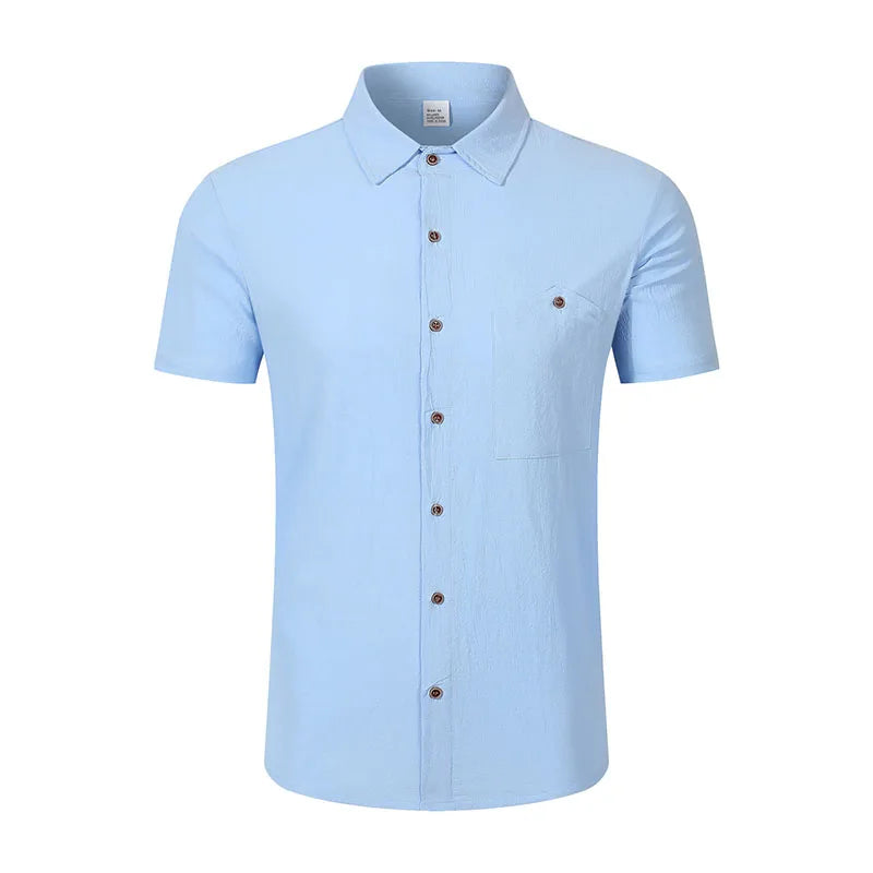 Men's Casual Linen Blend Shirt Short Sleeve Turn Down Collar Button Up Lightweight Breathable Beach Tunic Tops