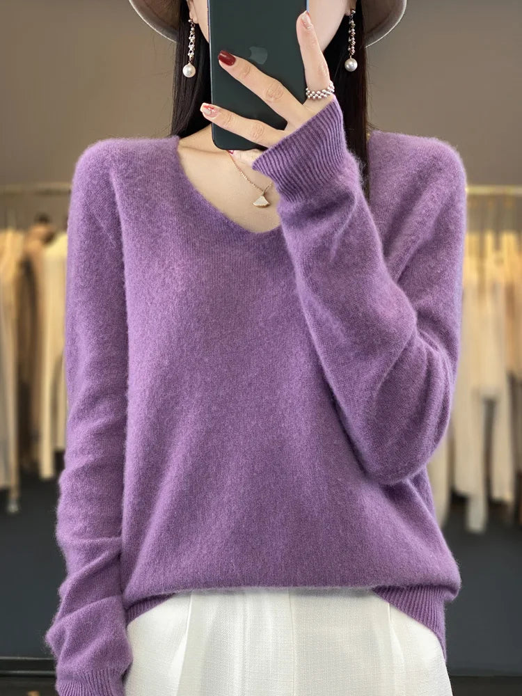 Fashion100% Merino Wool Sweater Cashmere  Pullover Women Knitwear V-Neck Long Sleeve  Autumn Winter Fashion Basic Clothing  Tops